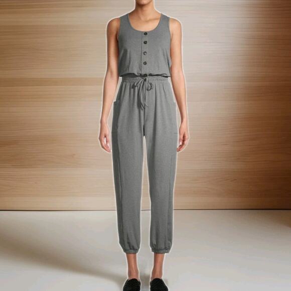 Liv & Lottie Pants - Liv & Lottie Gray Sleeveless Jogger Jumpsuit Size Large Cargo Pockets Stretchy